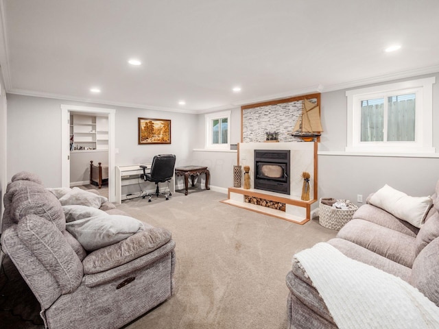 2073 Jeffey Dr, Hilliard, OH 43026 - carpeted living room featuring ornamental molding, recessed lighting, a desk, and baseboards