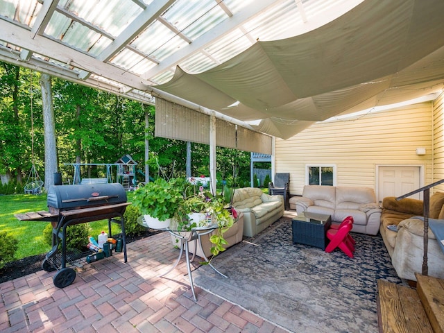 2073 Jeffey Dr, Hilliard, OH 43026 - view of patio with outdoor lounge area, a pergola, a playground, and a grill