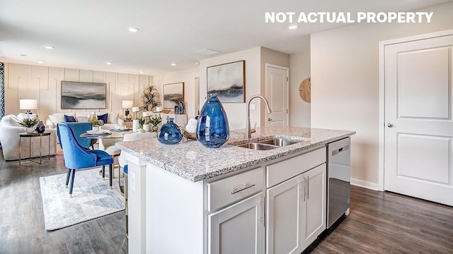 904 Allegro Dr, Reynoldsburg, OH 43068 - kitchen featuring a sink, stainless steel dishwasher, dark wood-type flooring, open floor plan, and recessed lighting