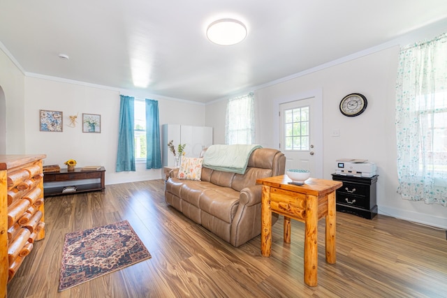 77 W High St, Mount Gilead, OH 43338 - living area with wood finished floors, ornamental molding, and arched walkways