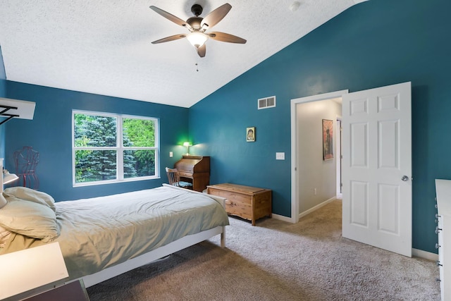 302 Streamwater Ct, Blacklick, OH 43004 - carpeted bedroom featuring vaulted ceiling, a textured ceiling, baseboards, and ceiling fan