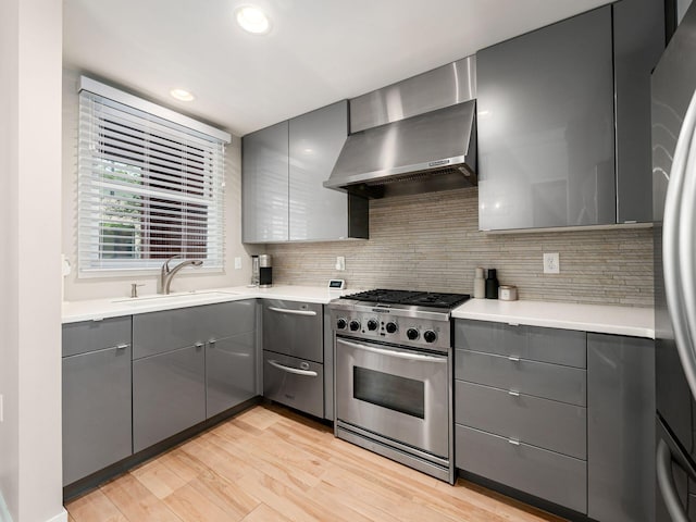 802 N 4th St Unit 802, Columbus, OH 43215 - kitchen featuring stainless steel appliances, gray cabinets, a sink, wall chimney range hood, and light wood finished floors