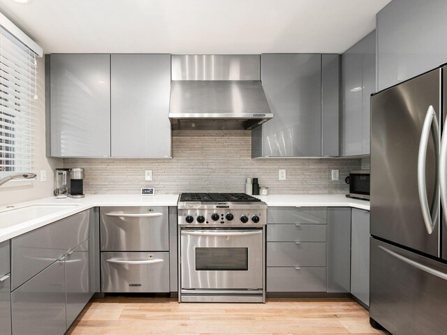 802 N 4th St Unit 802, Columbus, OH 43215 - kitchen with stainless steel appliances, gray cabinets, wall chimney range hood, and a sink