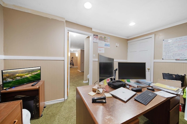 7619 Rippingale St, Blacklick, OH 43004 - office space with wainscoting, light colored carpet, recessed lighting, and crown molding