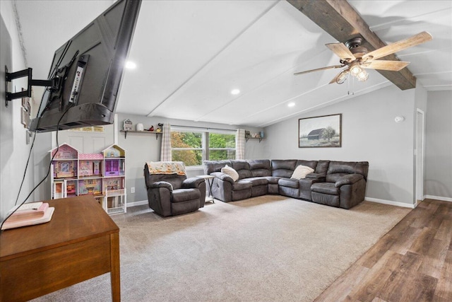 5895 Swartz Mill Rd SE, Sugar Grove, OH 43155 - living room with a ceiling fan, baseboards, wood finished floors, recessed lighting, and carpet