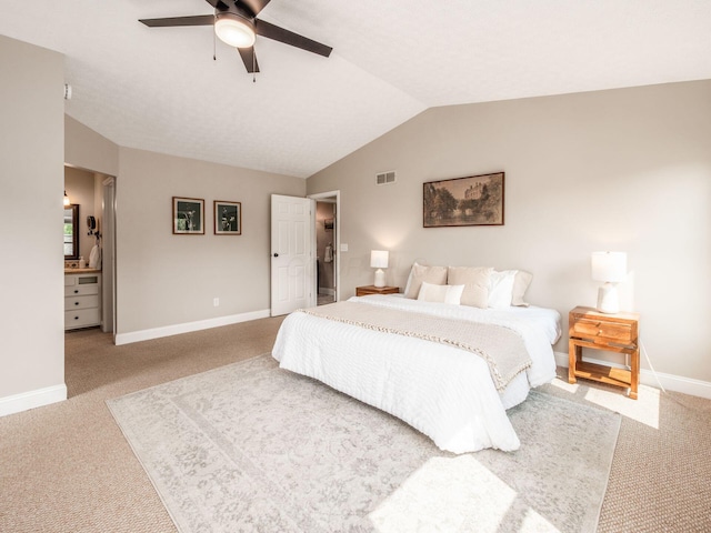 3579 Aaron Dr, Columbus, OH 43228 - bedroom with carpet floors, vaulted ceiling, baseboards, ceiling fan, and ensuite bathroom