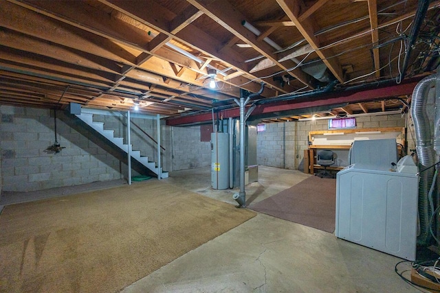 5102 Avalon Ave, Columbus, OH 43229 - unfinished below grade area with water heater, stairs, and washer / dryer