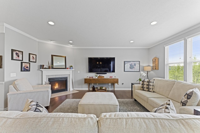 185 Saffron Dr, Sunbury, OH 43074 - living room with dark wood-style flooring, recessed lighting, a tiled fireplace, crown molding, and baseboards