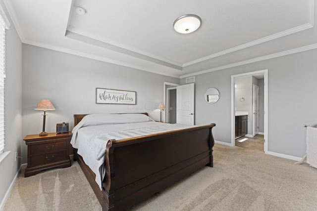 185 Saffron Dr, Sunbury, OH 43074 - bedroom featuring a raised ceiling, light carpet, baseboards, crown molding, and ensuite bath