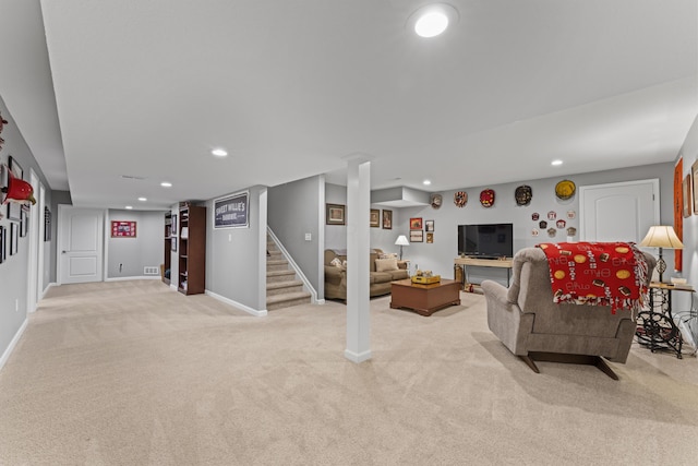185 Saffron Dr, Sunbury, OH 43074 - living area featuring light colored carpet, recessed lighting, stairway, and baseboards