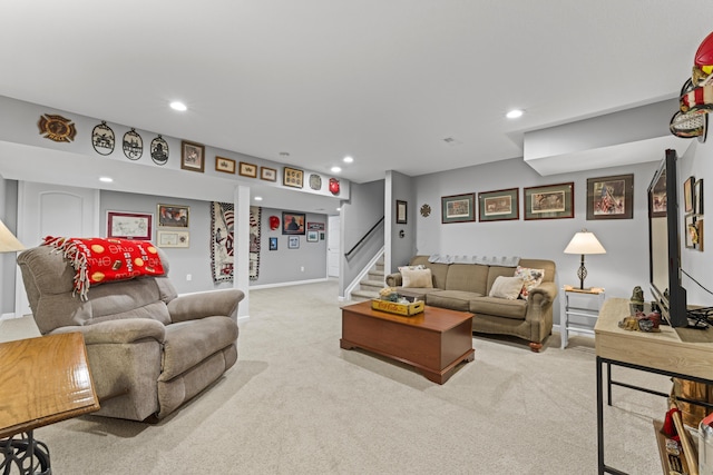 185 Saffron Dr, Sunbury, OH 43074 - carpeted living room featuring stairway, recessed lighting, and baseboards
