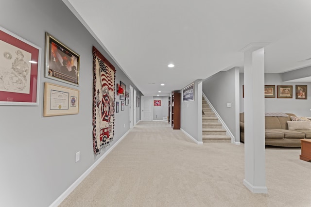 185 Saffron Dr, Sunbury, OH 43074 - corridor with carpet flooring, stairs, recessed lighting, and baseboards