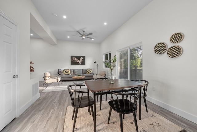 887 Harbinger Cir W, Columbus, OH 43213 - dining space with light wood finished floors, ceiling fan, baseboards, and recessed lighting