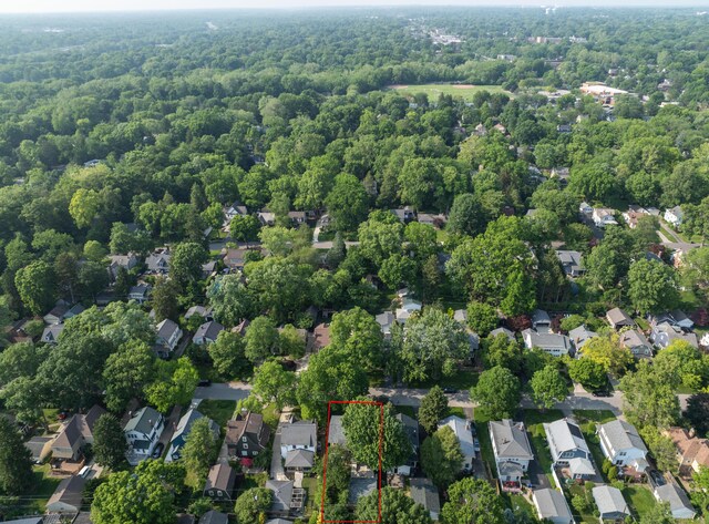 203 Winthrop Rd, Columbus, OH 43214 - aerial perspective of suburban area featuring property boundaries highlighted and a heavily wooded area