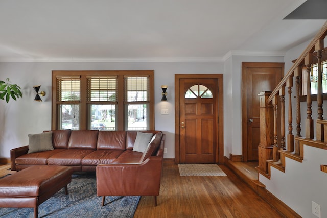 203 Winthrop Rd, Columbus, OH 43214 - entrance foyer with stairs, hardwood / wood-style floors, baseboards, and crown molding