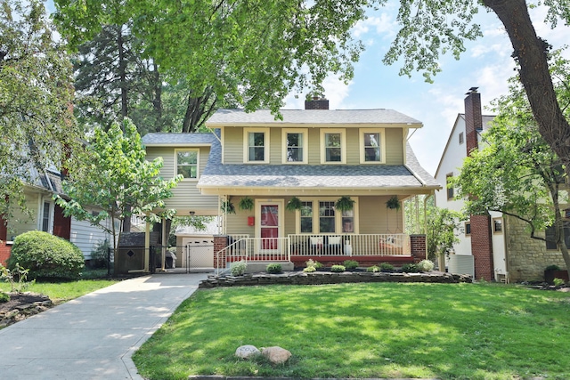 203 Winthrop Rd, Columbus, OH 43214 - view of front of home featuring concrete driveway, a porch, a front yard, roof with shingles, and a chimney