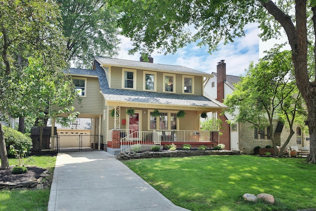 203 Winthrop Rd, Columbus, OH 43214 - view of front of property with a gate, concrete driveway, a porch, and a front lawn