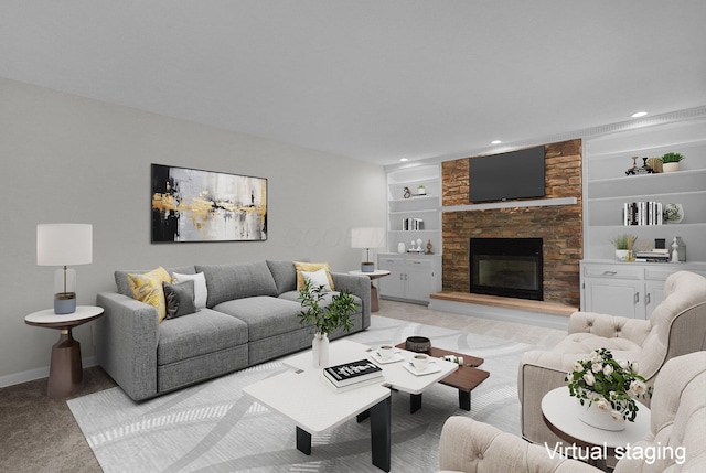 6233 Coonpath Rd NW, Carroll, OH 43112 - living room featuring light colored carpet, a fireplace, built in shelves, and recessed lighting