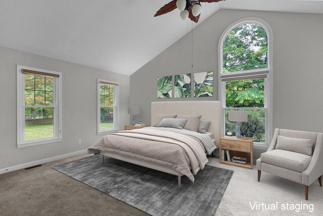 6233 Coonpath Rd NW, Carroll, OH 43112 - carpeted bedroom with multiple windows, vaulted ceiling, and ceiling fan