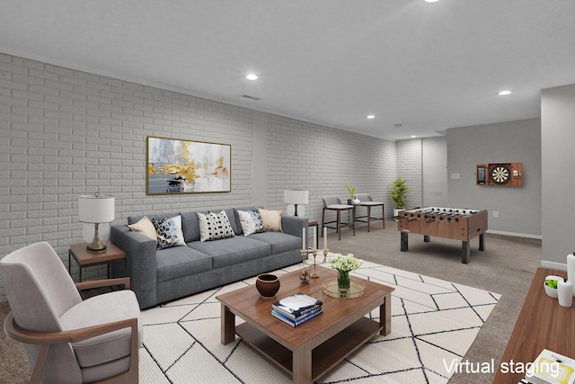 6233 Coonpath Rd NW, Carroll, OH 43112 - living area featuring brick wall and recessed lighting