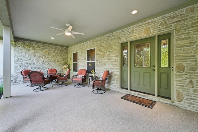 5337 Teresas Trl, Galena, OH 43021 - view of exterior entry featuring stone siding, a ceiling fan, and covered porch
