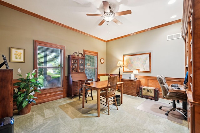 5337 Teresas Trl, Galena, OH 43021 - carpeted dining space with crown molding, ceiling fan, a desk, a wainscoted wall, and recessed lighting