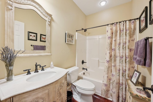 5337 Teresas Trl, Galena, OH 43021 - full bath featuring toilet, vanity, shower / bath combination with curtain, and wood finished floors