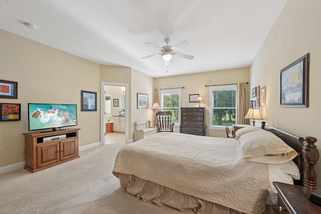 5337 Teresas Trl, Galena, OH 43021 - bedroom with light colored carpet, ensuite bathroom, baseboards, and a ceiling fan