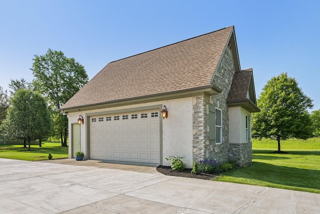 5337 Teresas Trl, Galena, OH 43021 - view of side of property with stone siding, a shingled roof, stucco siding, and a yard