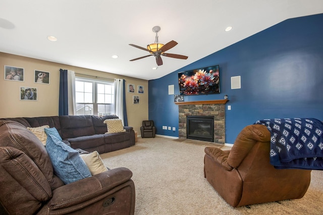 765 Huntley Ave, Logan, OH 43138 - carpeted living room with vaulted ceiling, a ceiling fan, a fireplace, recessed lighting, and baseboards