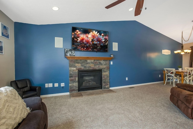 765 Huntley Ave, Logan, OH 43138 - living area featuring lofted ceiling, a ceiling fan, carpet flooring, baseboards, and a chandelier