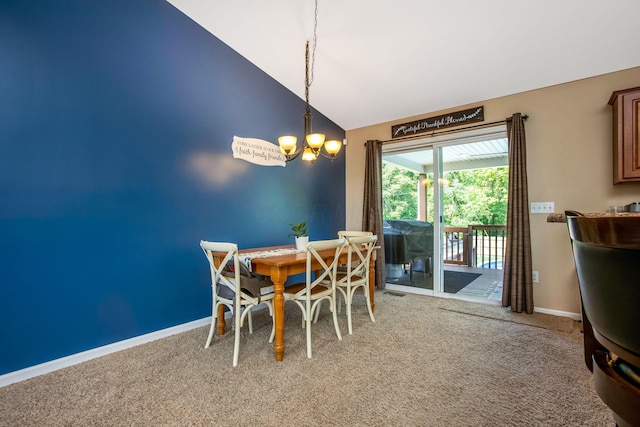 765 Huntley Ave, Logan, OH 43138 - dining area featuring vaulted ceiling, carpet flooring, a chandelier, and baseboards
