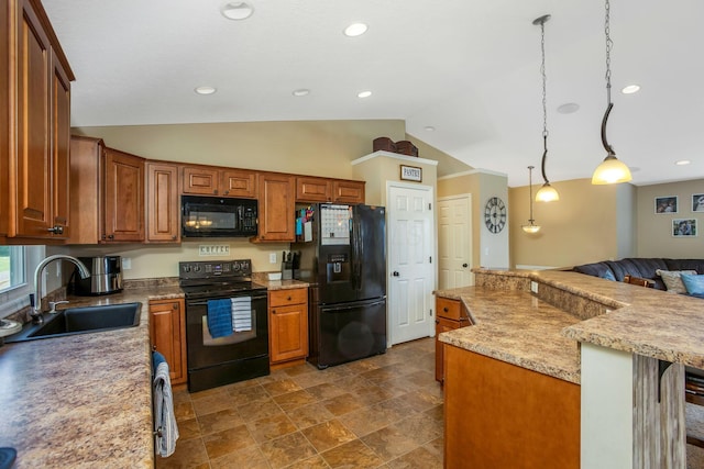 765 Huntley Ave, Logan, OH 43138 - kitchen featuring black appliances, a sink, brown cabinetry, vaulted ceiling, and pendant lighting