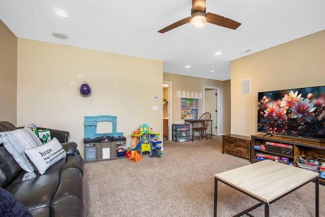 765 Huntley Ave, Logan, OH 43138 - carpeted living room with ceiling fan and recessed lighting
