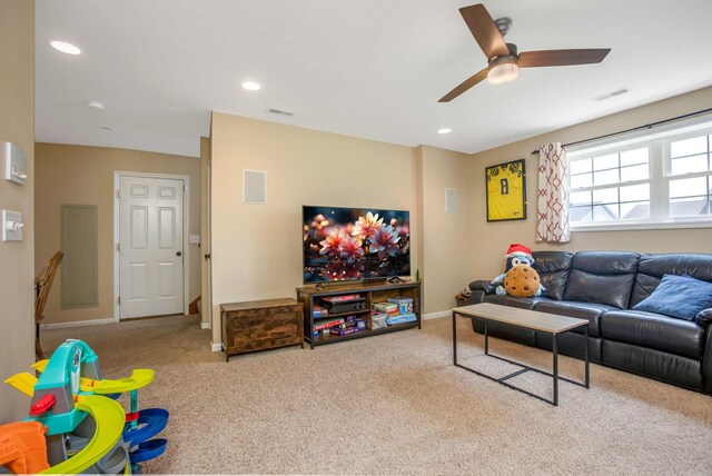 765 Huntley Ave, Logan, OH 43138 - carpeted living area featuring ceiling fan, baseboards, and recessed lighting