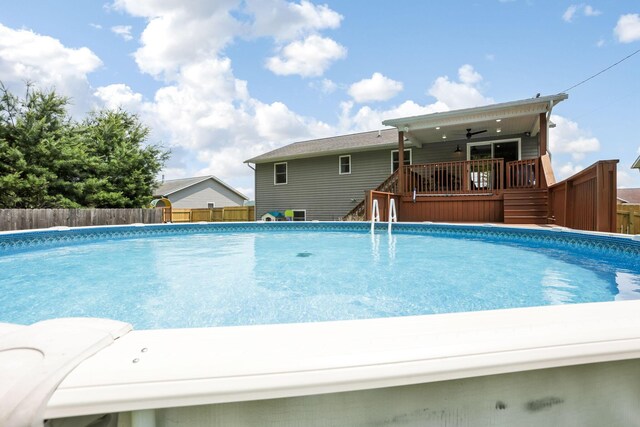 765 Huntley Ave, Logan, OH 43138 - view of pool with a fenced backyard, a deck, ceiling fan, and stairs