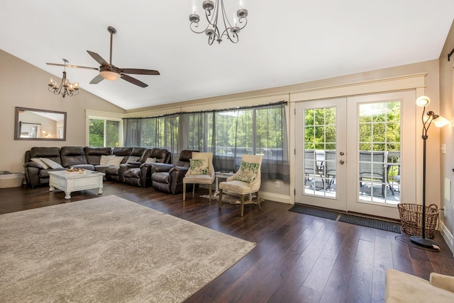 26110 Big Pine Rd, Rockbridge, OH 43149 - living room with a ceiling fan, a chandelier, lofted ceiling, and healthy amount of natural light