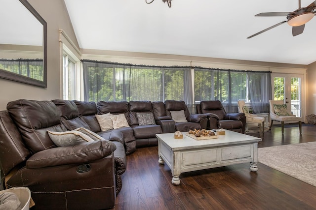 26110 Big Pine Rd, Rockbridge, OH 43149 - living area featuring vaulted ceiling, ceiling fan, and dark wood-type flooring