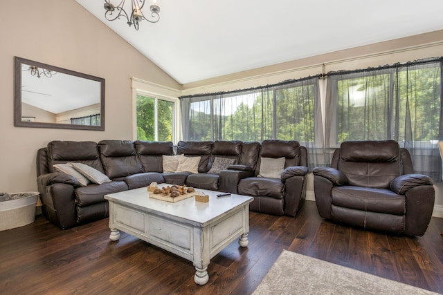 26110 Big Pine Rd, Rockbridge, OH 43149 - living area featuring lofted ceiling, dark wood-style floors, and a chandelier