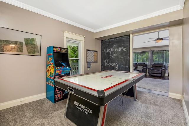 26110 Big Pine Rd, Rockbridge, OH 43149 - playroom featuring carpet, crown molding, a ceiling fan, and plenty of natural light