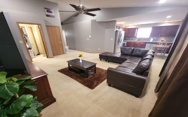 3230 Saint Bernard Cir, Columbus, OH 43232 - living area with vaulted ceiling, ceiling fan, light carpet, and recessed lighting