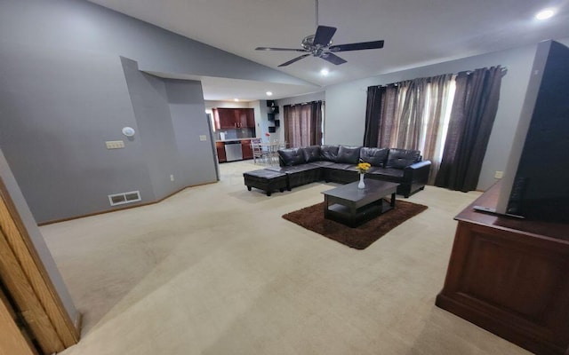 3230 Saint Bernard Cir, Columbus, OH 43232 - living room featuring vaulted ceiling, light colored carpet, ceiling fan, and recessed lighting