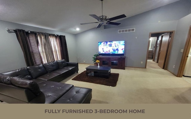 3230 Saint Bernard Cir, Columbus, OH 43232 - carpeted living area featuring vaulted ceiling, ceiling fan, and baseboards