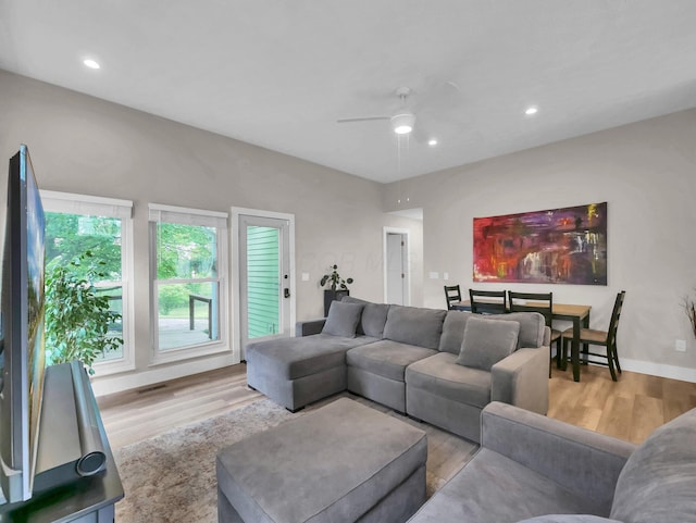 2908 Torrey Pines Dr, Pickerington, OH 43147 - living area with wood finished floors, ceiling fan, recessed lighting, and baseboards
