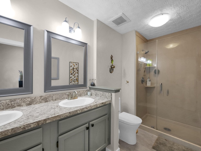 2908 Torrey Pines Dr, Pickerington, OH 43147 - bathroom featuring a shower stall, double vanity, toilet, and a textured ceiling