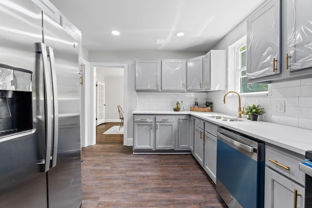 1271 Moundview Ave, Columbus, OH 43207 - kitchen featuring appliances with stainless steel finishes, a sink, gray cabinetry, light countertops, and backsplash