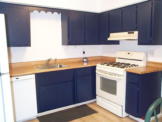 652 Olde Towne Ave Unit E, Columbus, OH 43214 - kitchen featuring under cabinet range hood, white appliances, a sink, blue cabinets, and light wood-type flooring