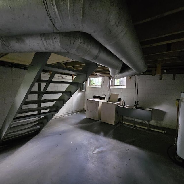 2325 E Livingston Ave, Columbus, OH 43209 - basement with washing machine and dryer, a sink, stairway, water heater, and concrete block wall