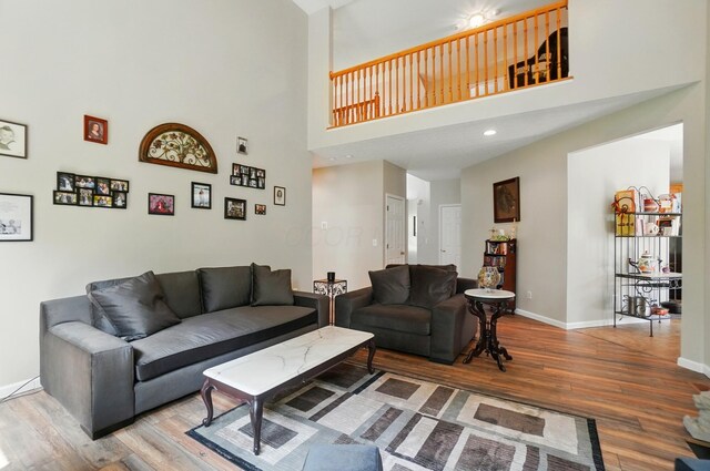 583 Marhurst Ct, Galloway, OH 43119 - living area with wood finished floors, a towering ceiling, and baseboards