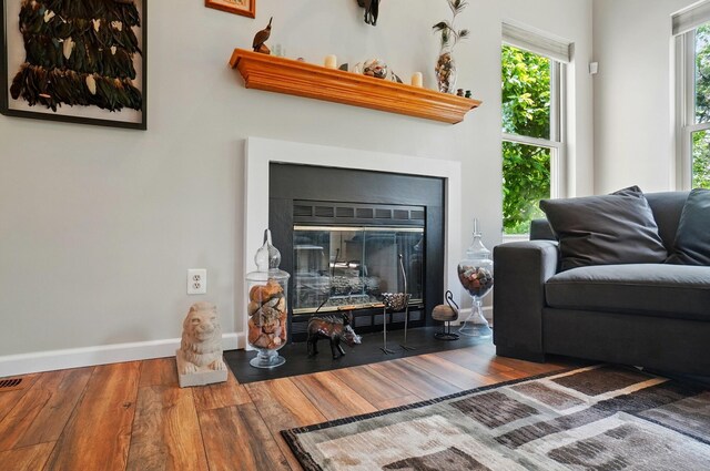 583 Marhurst Ct, Galloway, OH 43119 - living room featuring wood finished floors, a fireplace with flush hearth, and baseboards